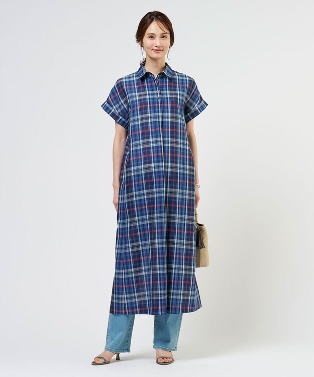 J.PRESS LADIES S コットンリネン Light マドラスチェック シャツ ワンピース ネイビー系