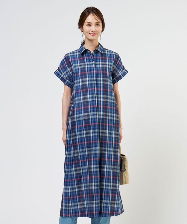 J.PRESS LADIES S コットンリネン Light マドラスチェック シャツ ワンピース ネイビー系
