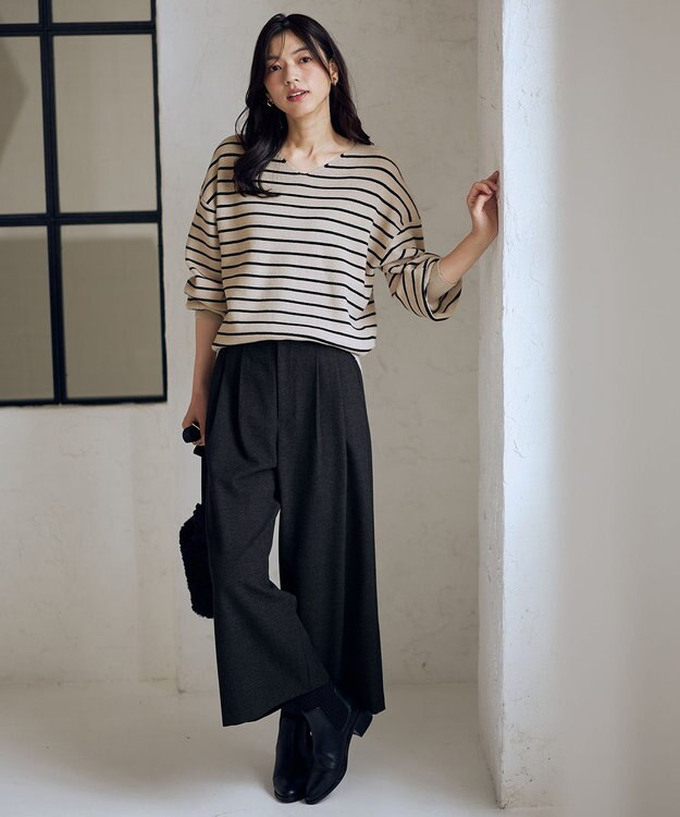 ANY 【8色展開】Vネックデイリーニット ベージュ×ブラック