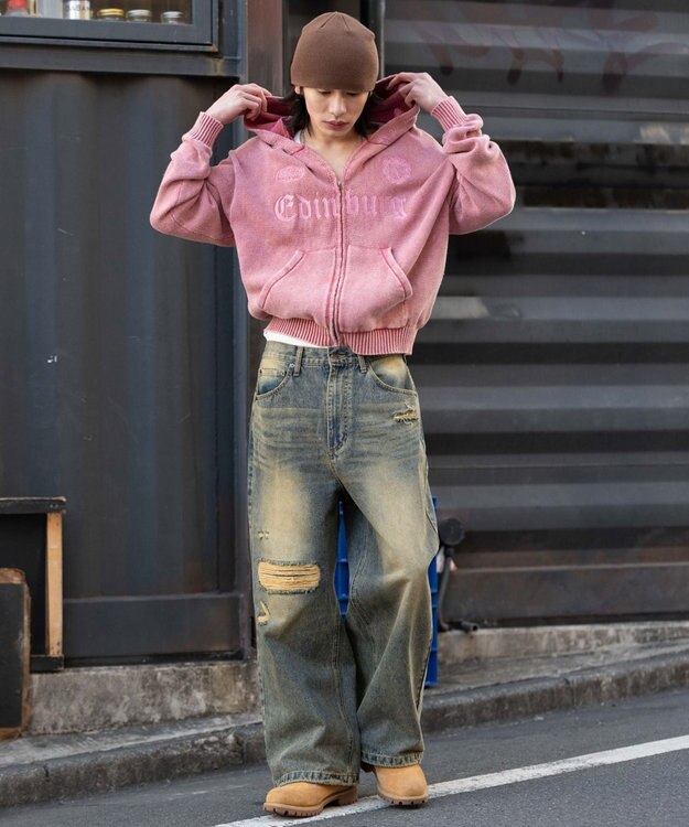 WEGO 【ユニセックス着用ITEM】ブリーチニットグラフィックZIPパーカー ピンク