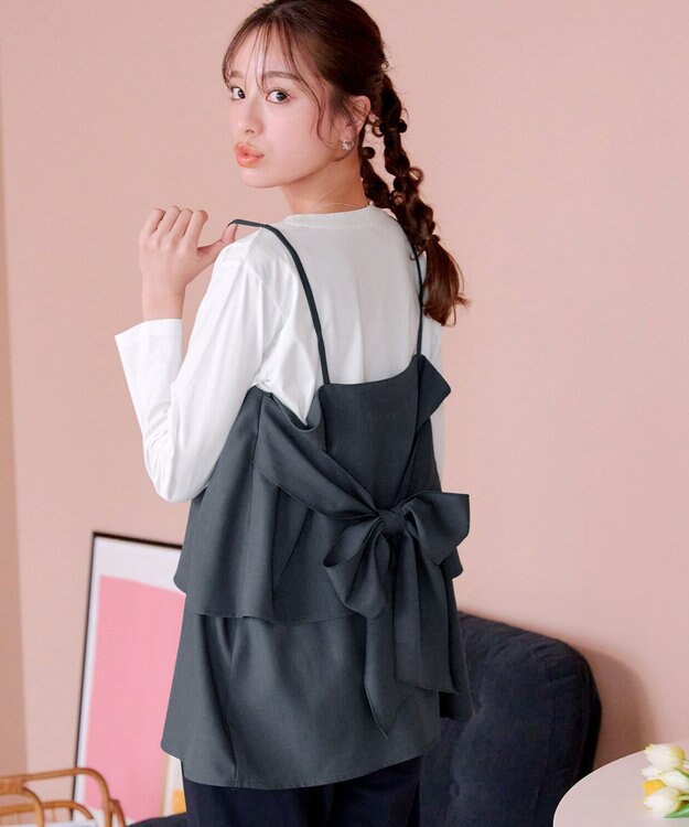 Tiaclasse 【洗える】リボンキャミドッキングカットソートップス チャコールグレー