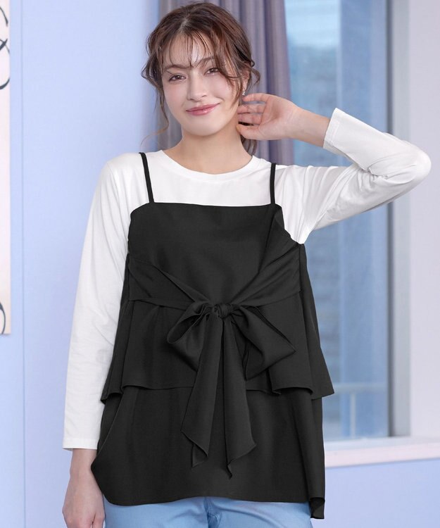 Tiaclasse 【洗える】リボンキャミドッキングカットソートップス ブラック