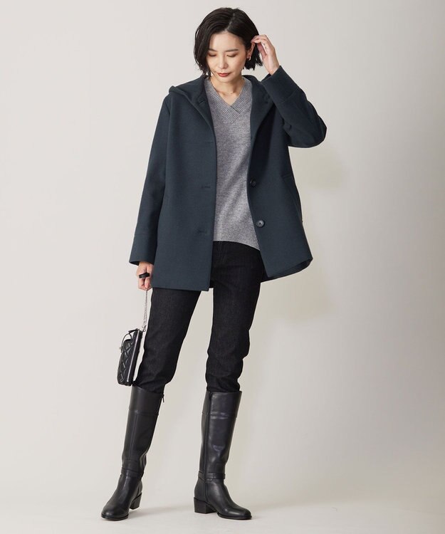 J.PRESS LADIES ショートビーバー フーデッド コート ダークグリーン系