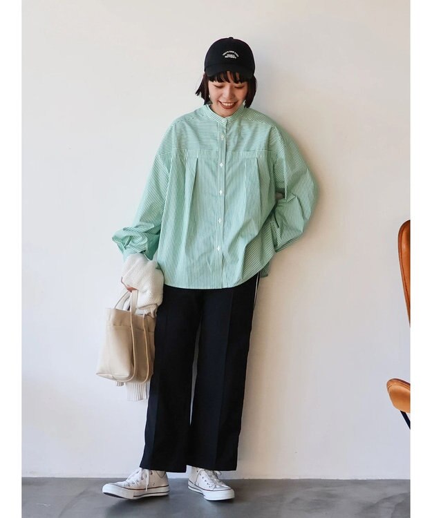 AMERICAN HOLIC イージーケア切替タックワイドシャツ Stripe Green