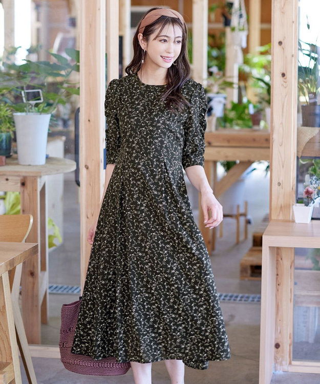 Tiaclasse 【洗える】ギャザースリーブ花柄ワンピース ブラック