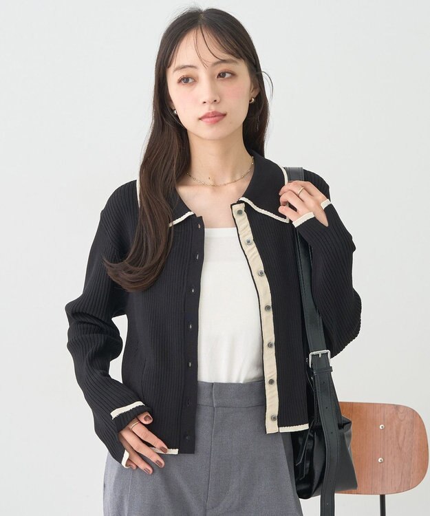 earth music&ecology バイカラートリムニットカーディガン Black