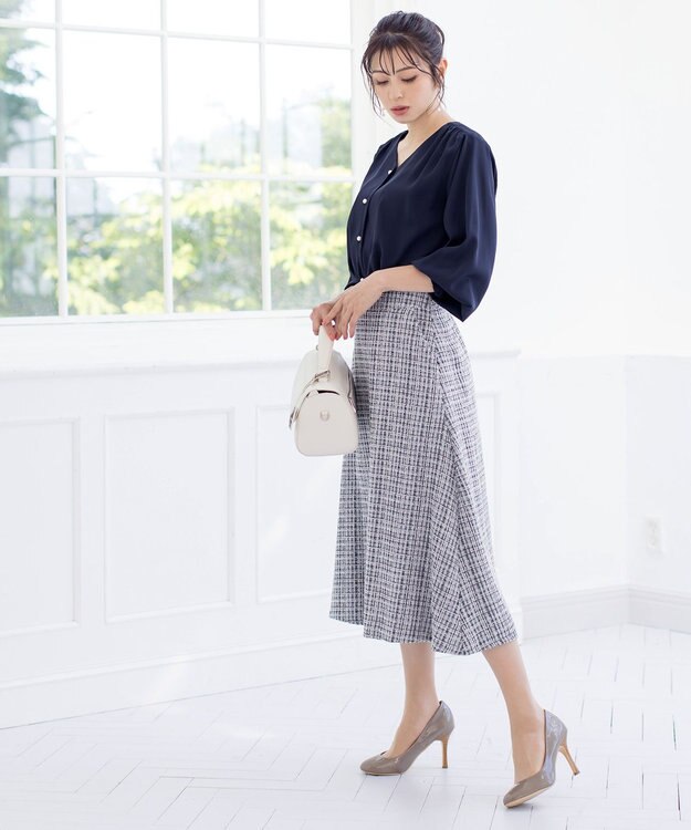 Tiaclasse 【洗える】大人華やかなツイードフレアスカート グレー