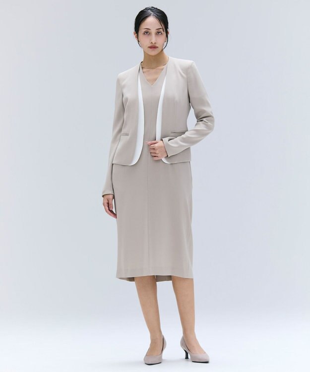 BEIGE， 【洗える・L-size】CINDY / Vネックハーフスリーブワンピース Taupe x White