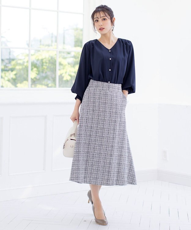 Tiaclasse 【洗える】大人華やかなツイードフレアスカート グレー