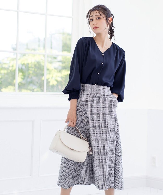 Tiaclasse 【洗える】大人華やかなツイードフレアスカート グレー