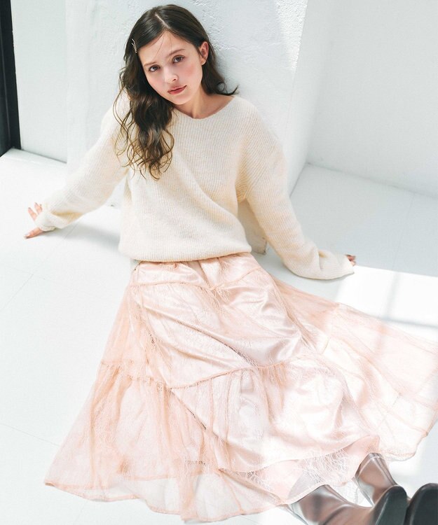 Feroux ニット×ティアードレース スカート アイボリー系