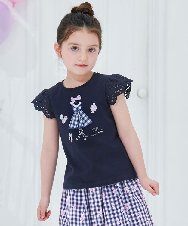 ANY KIDS ドレス アップリケ Tシャツ ネイビー