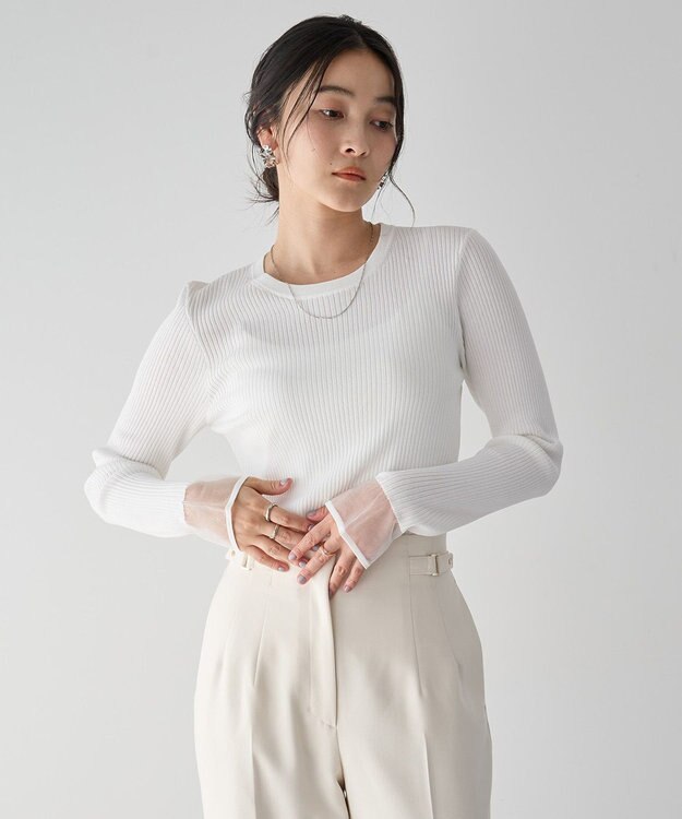 YECCA VECCA 袖口シアーリブニット Off White