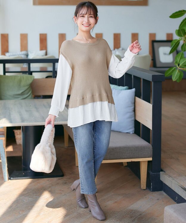 Tiaclasse ベストドッキングトップス ベージュ×オフホワイト