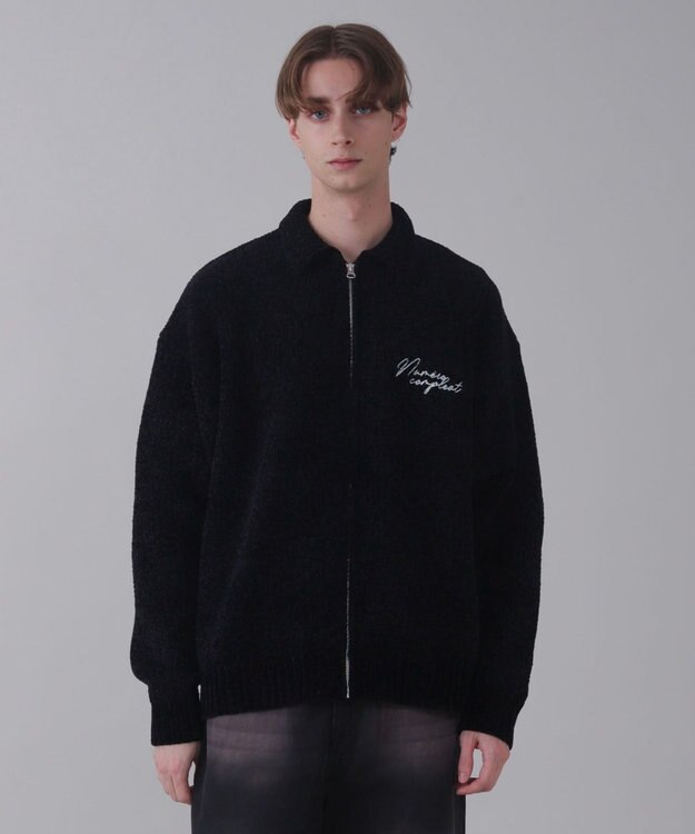 WEGO 【ユニセックス着用ITEM】ベロアモールワンポイントZIPカーディガン ブラック