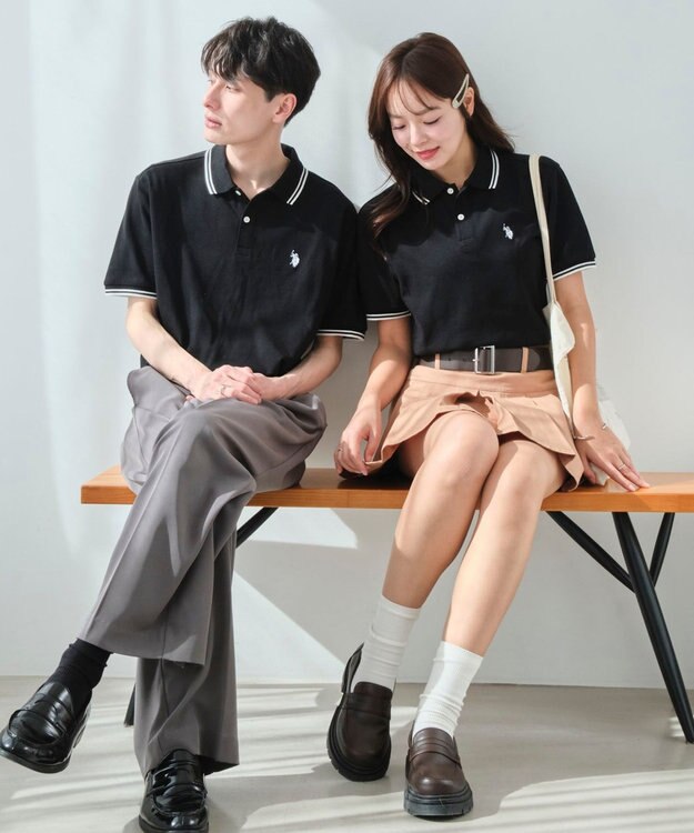 WEGO 【ユニセックス着用ITEM/SMLサイズ展開】別注USPOLOラインポロシャツ ブラック
