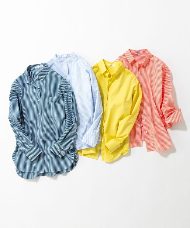 23区 S 【洗える】CANCLINI ポケット付き パールボタン シャツブラウス ブルー×ホワイトストライプ