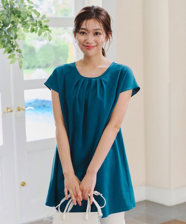 Tiaclasse 【洗える】フレアフレンチチュニックブラウス ターコイズ