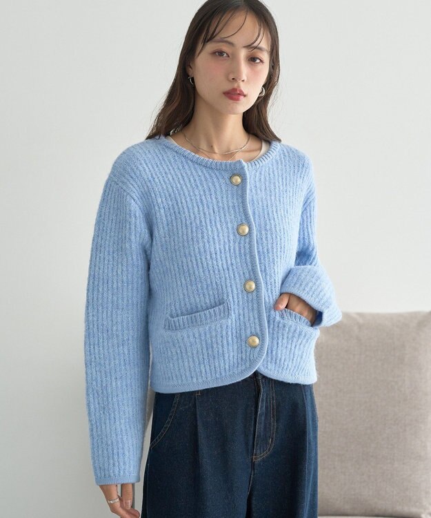earth music&ecology 【WEB限定】ゴールド釦ショートニットカーディガン Blue