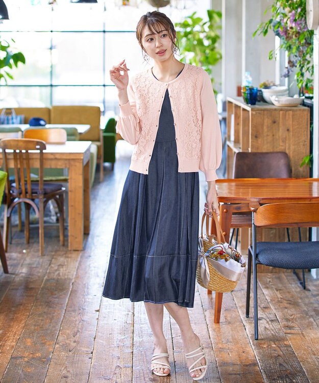 Tiaclasse 【洗える】7分袖前身レースカーディガン ピンク