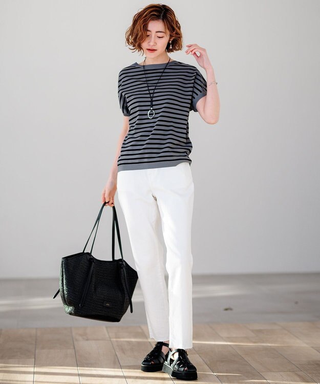 23区 S 【新色追加/VERY5月号掲載】レーヨンポリエステルストレッチ プルオーバー ニット カーキ×ブラックボーダー