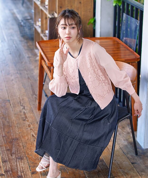 Tiaclasse 【洗える】7分袖前身レースカーディガン ピンク