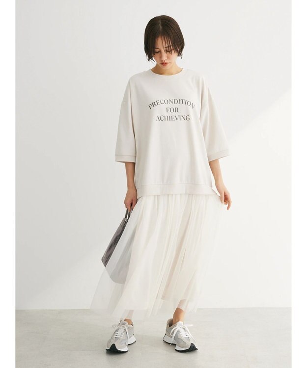 Green Parks ７分袖チュールドッキングロゴワンピース Beige