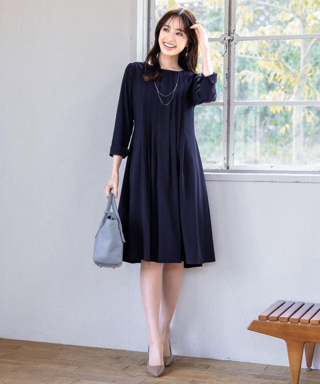Tiaclasse 【洗える】スタイルアップも叶うピンタックワンピース ネイビー
