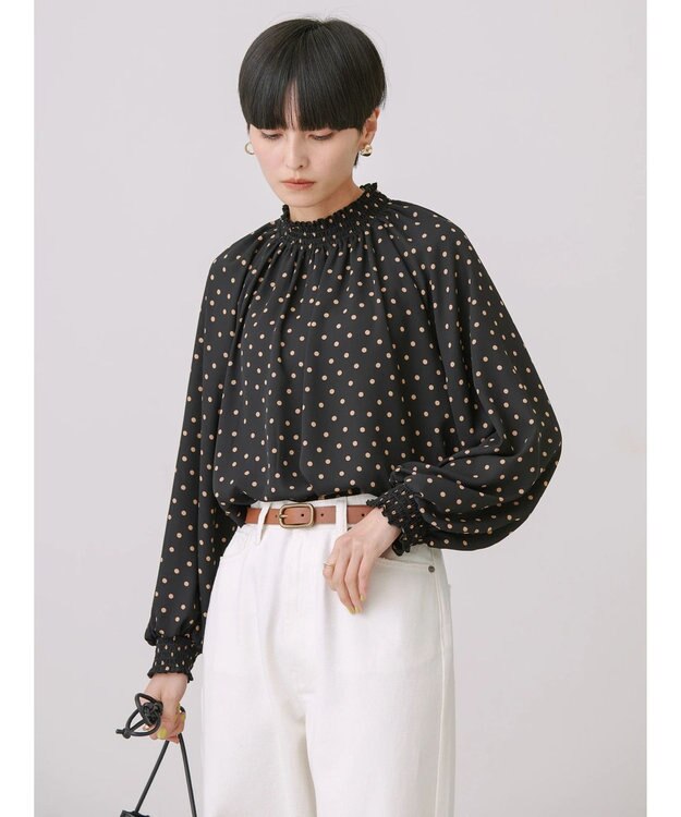 AMERICAN HOLIC ギャザーラグランサテンブラウス Dot Black