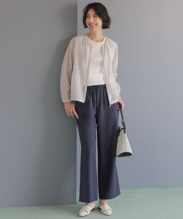 J.PRESS LADIES ペンシル SLUB STRIPE ワイド イージー パンツ ネイビーストライプ系