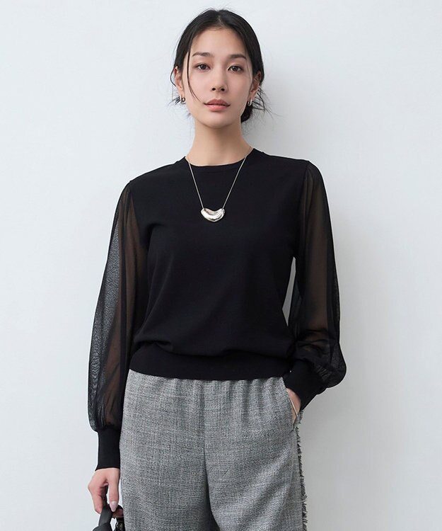 ICB L 【洗える】クロスコンビ シアースリーブニット ブラック系