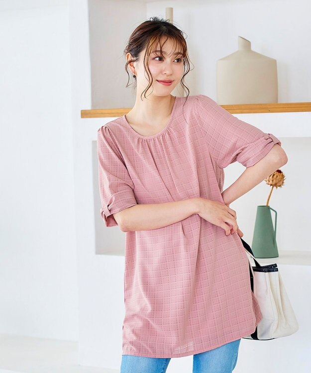 Tiaclasse L 【洗える】シアーチェックリボン袖チュニックブラウス ピンク