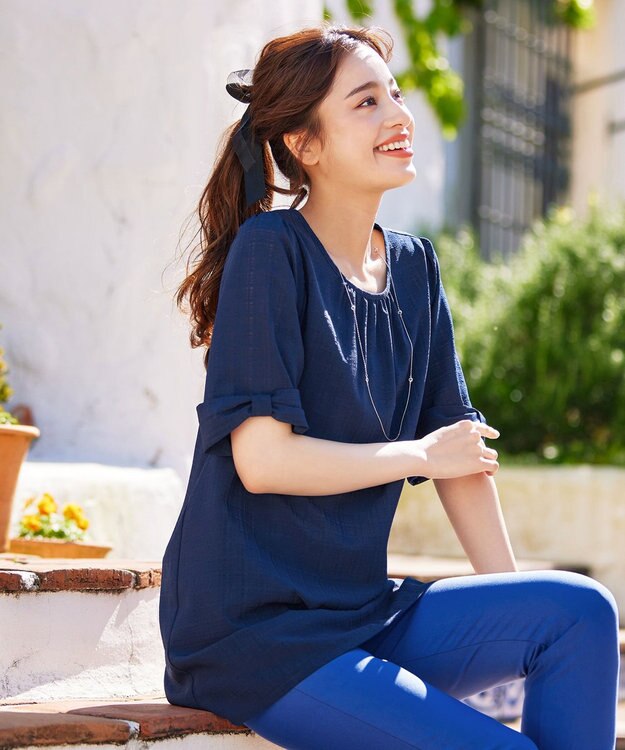 Tiaclasse L 【洗える】シアーチェックリボン袖チュニックブラウス ネイビー