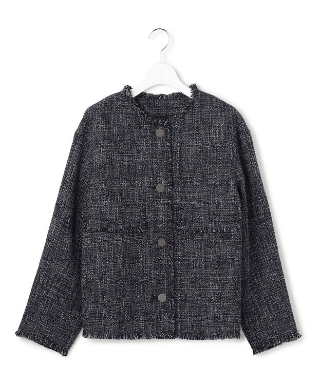 ICB ライトブッチャーツイード ノーカラージャケット ネイビーミックス