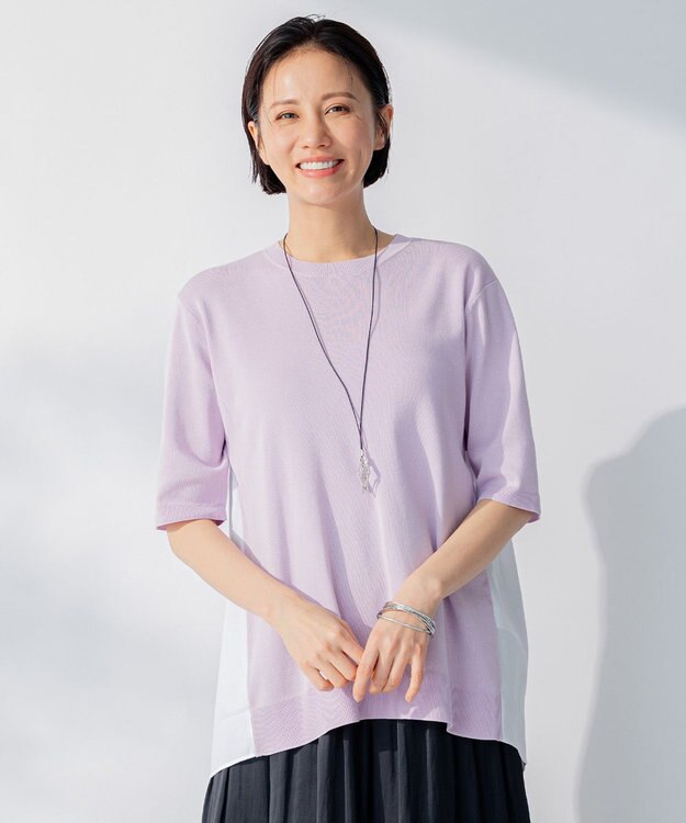 自由区 【洗える】ハイツイストコットンアセテート バックデザイン プルオーバーニット ライラック系