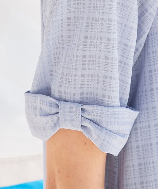 Tiaclasse L 【洗える】シアーチェックリボン袖チュニックブラウス グレー