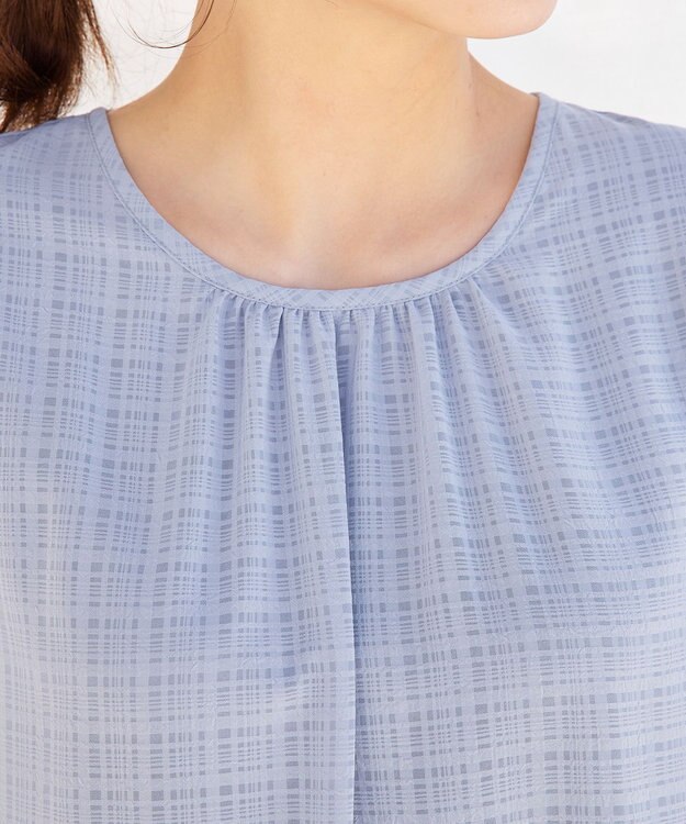 Tiaclasse L 【洗える】シアーチェックリボン袖チュニックブラウス グレー