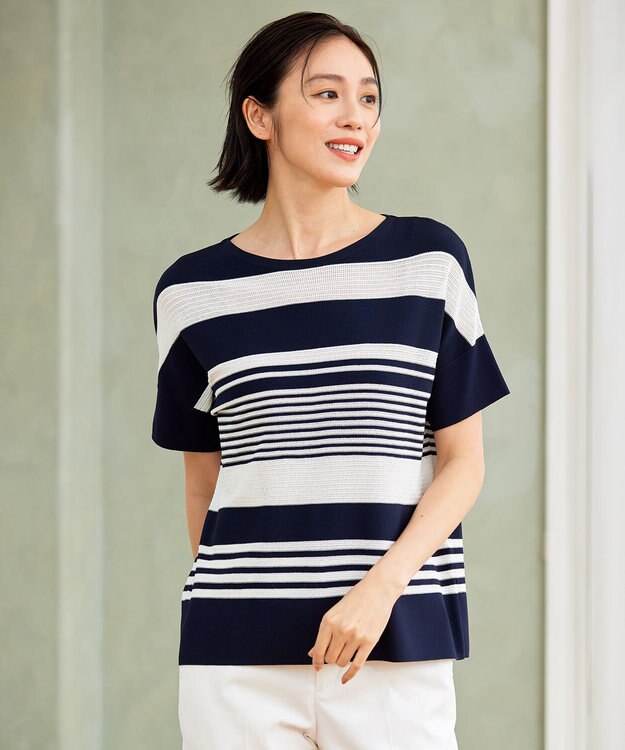 自由区 【UVカット・洗える】クレープストレッチボーダー ニット ネイビー×オフホワイト(ボーダー)