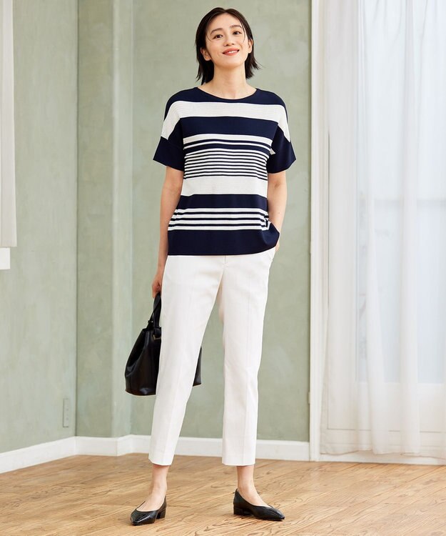 自由区 【UVカット・洗える】クレープストレッチボーダー ニット ネイビー×オフホワイト(ボーダー)