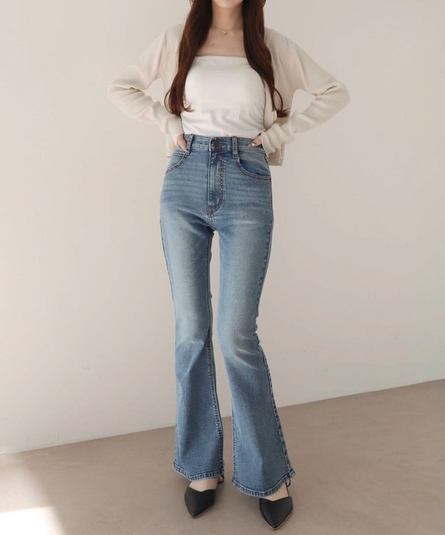 WEGO 【美脚パンツ】ストレッチフレアデニムパンツ デニム中濃色