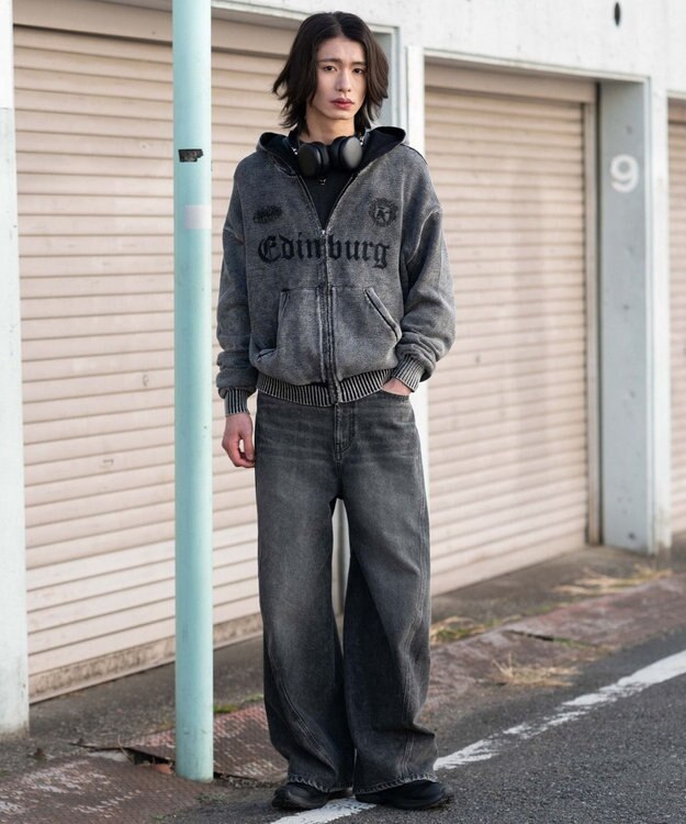 WEGO 【ユニセックス着用ITEM】ブリーチニットグラフィックZIPパーカー ブラックその他