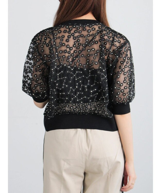 Te chichi エンブロイダリー半袖クルーカーディガン ブラック