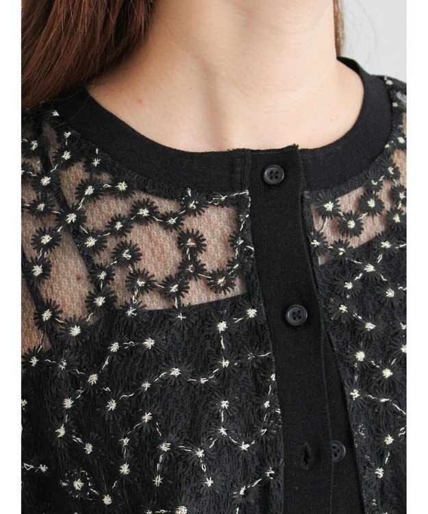 Te chichi エンブロイダリー半袖クルーカーディガン ブラック
