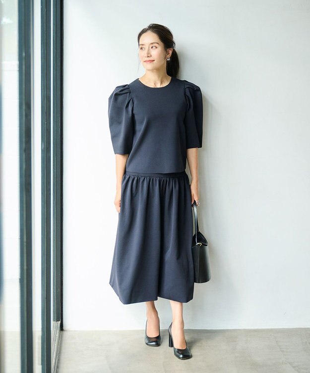 #Newans 【セレモニーにも】バルーンフレアニットスカート ネイビー