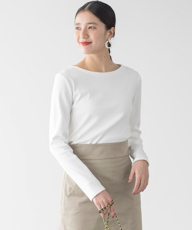 組曲 【ストレッチ・長袖】コットンフライス バスクTシャツ アイボリー系