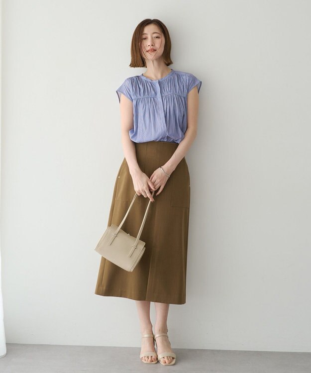 YECCA VECCA <<接触冷感>>フレンチスリーブギャザーブラウス Stripe
