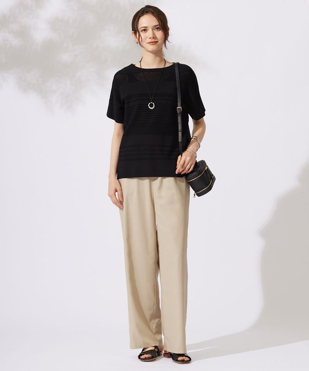 自由区 【UVカット・洗える】クレープストレッチボーダー ニット ブラック