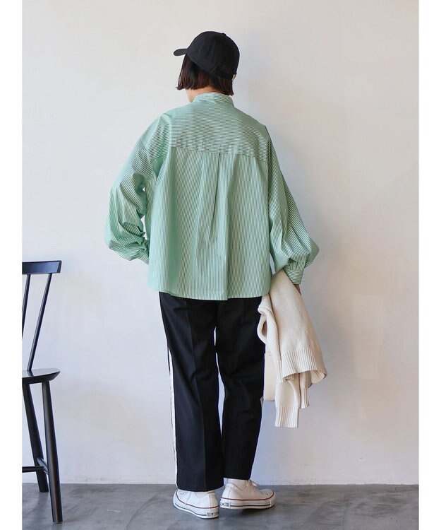 AMERICAN HOLIC イージーケア切替タックワイドシャツ Stripe Green