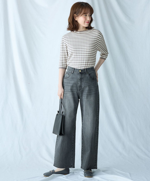 ANY リブボーダーニット グレー×オフ