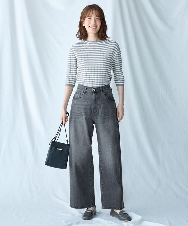 ANY リブボーダーニット グレー×オフ